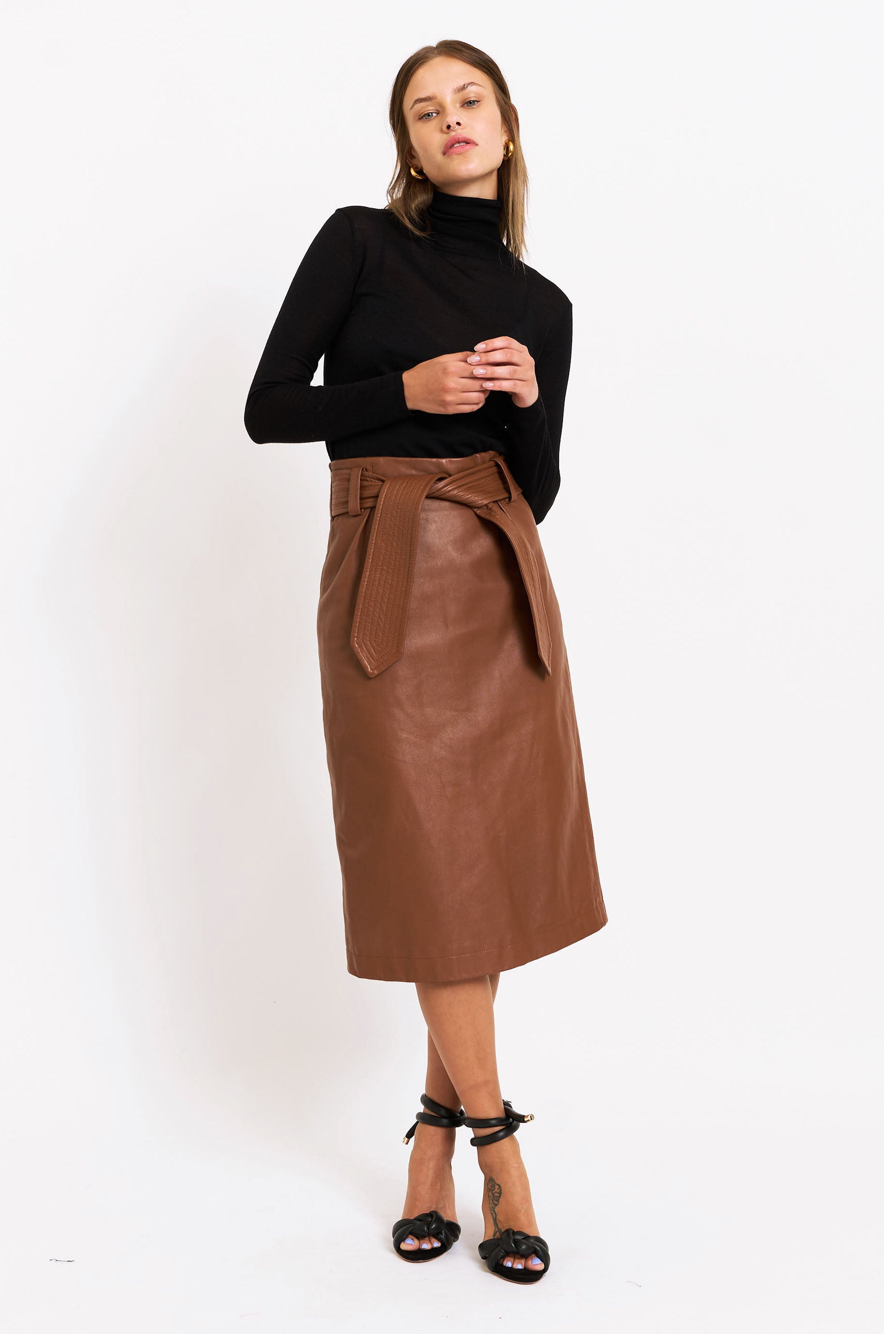 Leather midi sale skirt camel