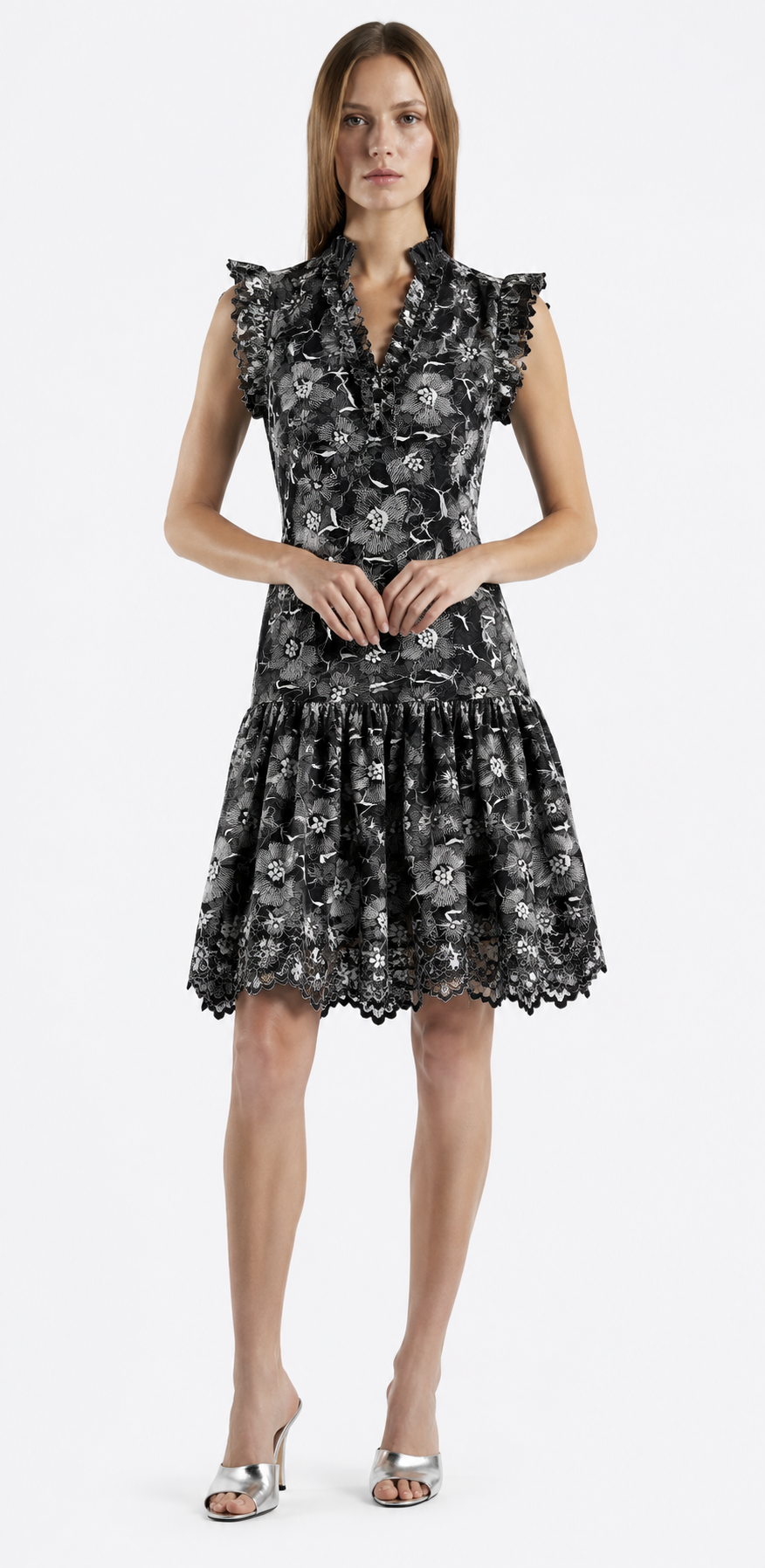 Bardot Dress - Black and White Embroidery