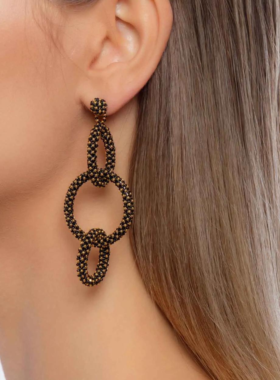 Three-Looped Hoop Earrings- Black/Gold